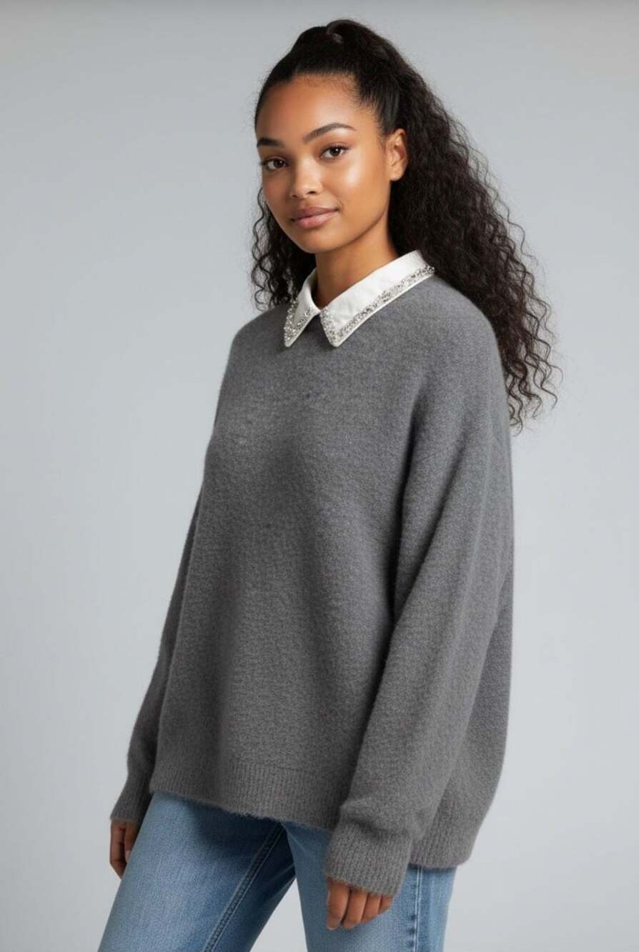 NEW CeCe Swift Grey Embellished Collar Sweater SZ Medium